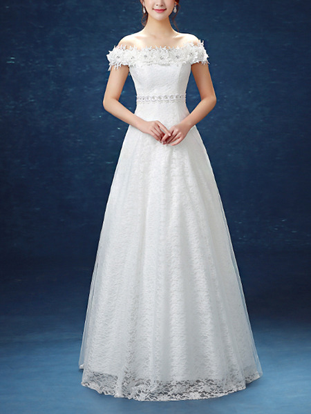White Off Shoulder A-Line Embroidery Appliques Beading Dress for Wedding