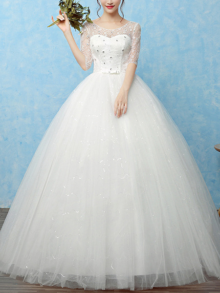 White Bateau Illusion Ball Gown Beading Dress for Wedding