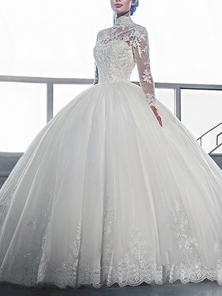 White High Neck Ball Gown Embroidery Appliques Dress for Wedding
