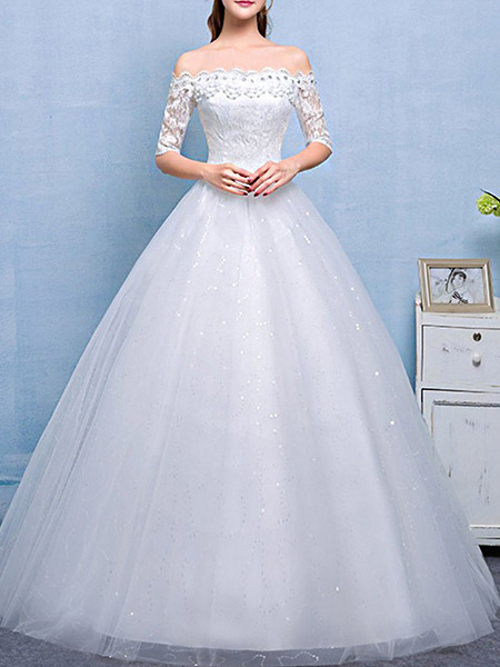 White Off Shoulder Princess Beading Appliques Dress for Wedding