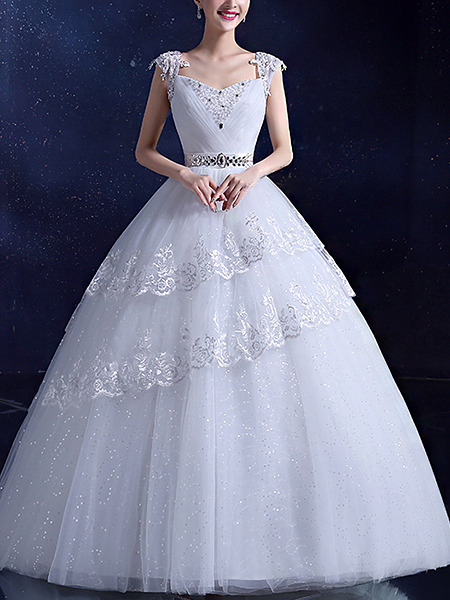 White V Neck Square Ball Gown Beading Sash Embroidery Appliques Dress for Wedding