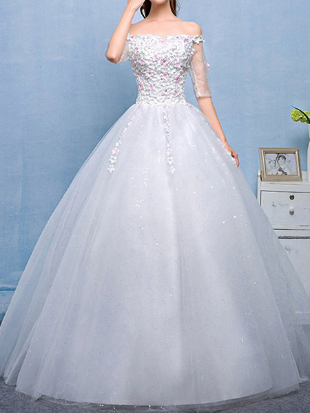 White Off Shoulder Princess Appliques Beading Dress for Wedding