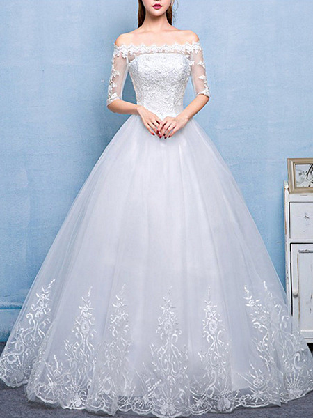 White Off Shoulder Princess Embroidery Dress for Wedding