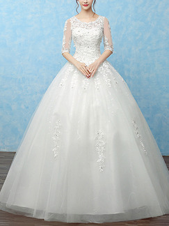 White Bateau Princess Beading Embroidery Appliques Dress for Wedding