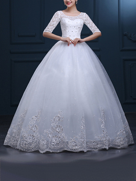 White Bateau Princess Beading Appliques Dress for Wedding