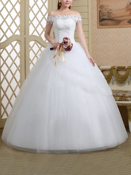 White Off Shoulder Ball Gown Beading Dress for Wedding