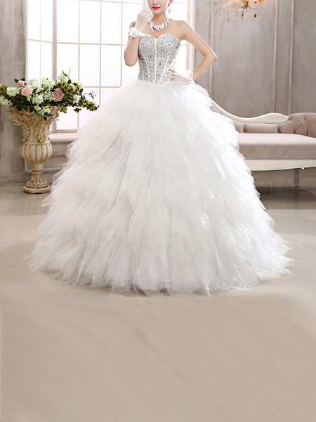 White Sweetheart Ball Gown Ruffle Beading Dress for Wedding