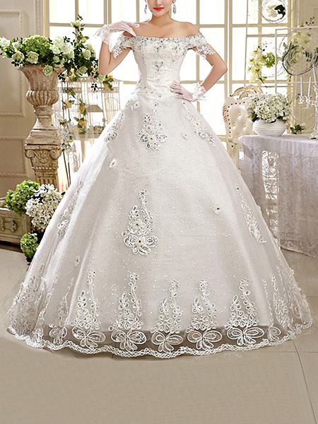 White Off Shoulder Princess Embroidery Appliques Beading Dress for Wedding