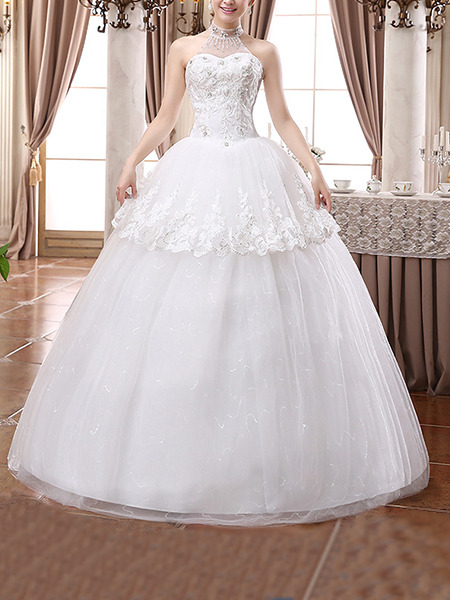 White Halter Illusion Ball Gown Beading Embroidery Dress for Wedding