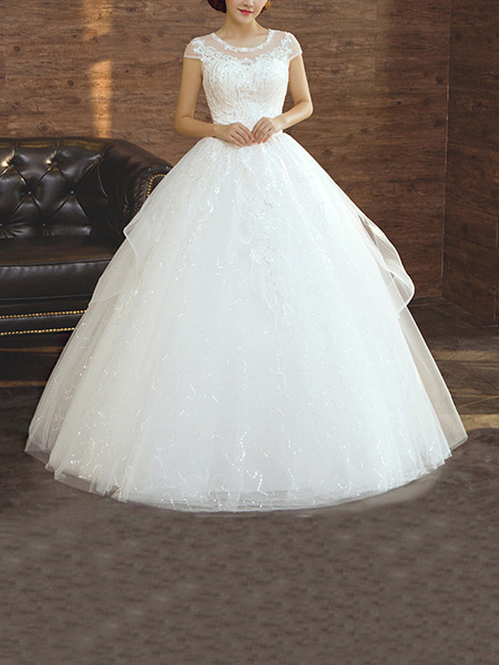 White Bateau Illusion Ball Gown Beading Embroidery Dress for Wedding