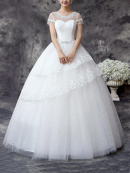 White Sweetheart Illusion Ball Gown Beading Tiered Embroidery Dress for Wedding