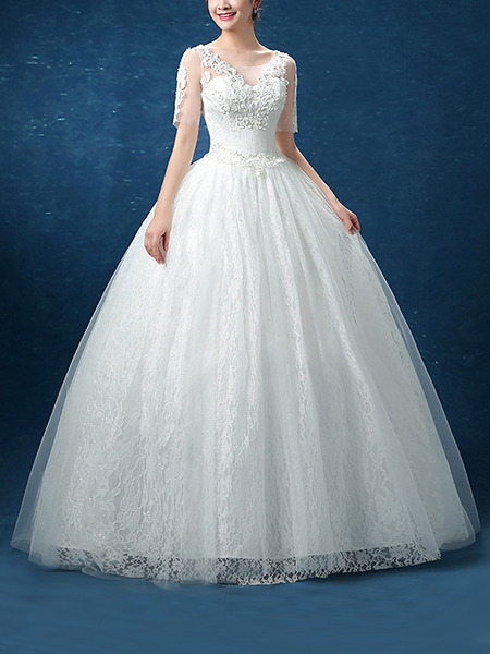 White V Neck Ball Gown Appliques Beading Embroidery Dress for Wedding