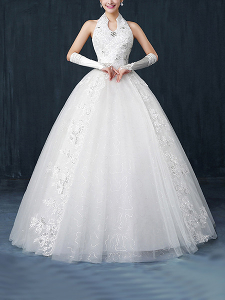 White Halter Ball Gown Beading Embroidery Dress for Wedding