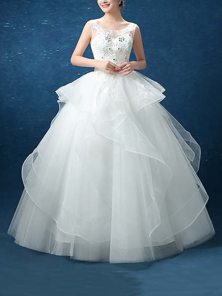 White Bateau Illusion Ball Gown Beading Embroidery Appliques Dress for Wedding