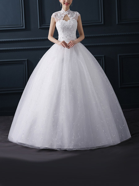 White Queen Anne Ball Gown Embroidery Appliques Beading Dress for Wedding