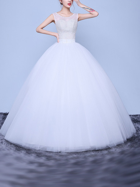 White Bateau Illusion Ball Gown Beading Dress for Wedding