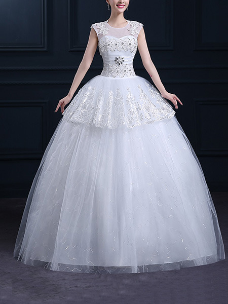 White Jewel Illusion Ball Gown Embroidery Beading Dress for Wedding