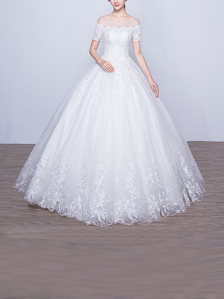 White Bateau Illusion Ball Gown Embroidery Beading Dress for Wedding