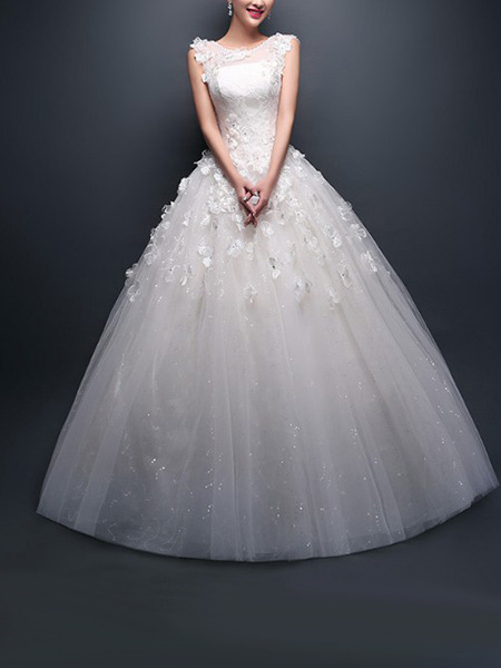 White Illusion Bateau Embroidery Appliques Beading Dress for Wedding