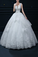 White V Neck Ball Gown Beading Embroidery Ribbon Dress for Wedding