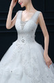 White V Neck Ball Gown Beading Embroidery Ribbon Dress for Wedding