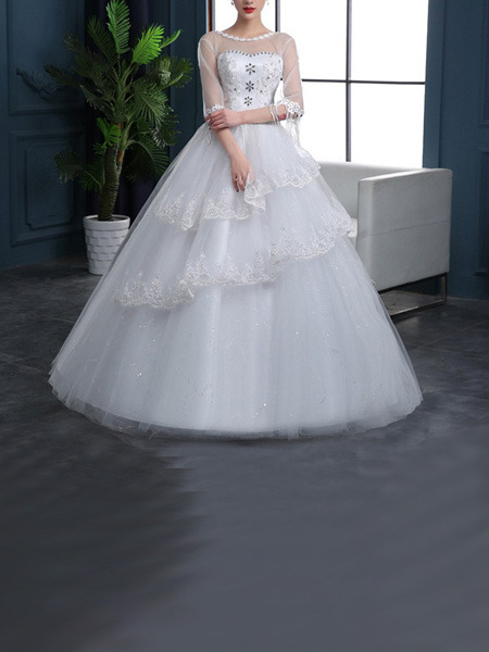 White Illusion Bateau Princess Beading Embroidery Tiered Dress for Wedding