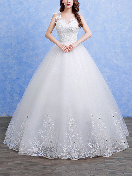 White V Neck Ball Gown Beading Embroidery Appliques Dress for Wedding