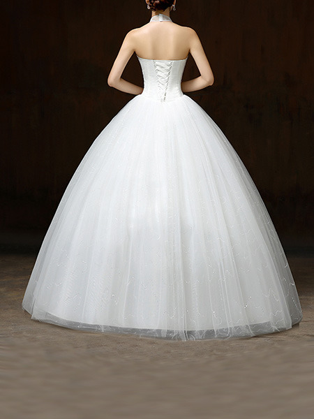 White Halter Illusion Ball Gown Beading Embroidery Dress for Wedding