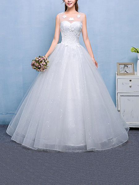 White Illusion Jewel Ball Gown Embroidery Appliques Dress for Wedding