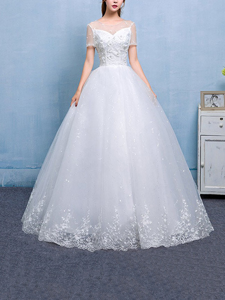 White Bateau Illusion Ball Gown Embroidery Appliques Beading Dress for Wedding