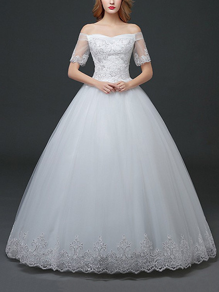 White Off Shoulder Ball Gown Embroidery Beading Dress for Wedding