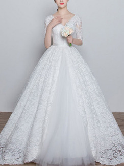 White V Neck Ball Gown Embroidery Sash Dress for Wedding