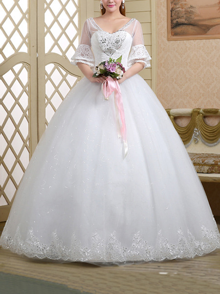 White Sweetheart Illusion Ball Gown Embroidery Beading Dress for Wedding