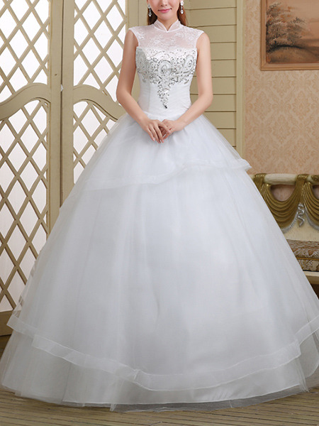 White High Neck Ball Gown Beading Embroidery Dress for Wedding