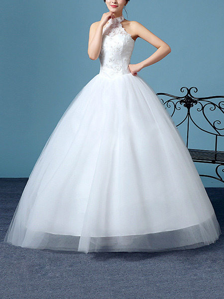 White Halter Ball Gown Embroidery Beading Appliques Dress for Wedding