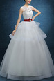 White Jewel Illusion Ball Gown Embroidery Beading Tiered Sash Ribbon Dress for Wedding