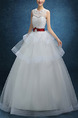 White Jewel Illusion Ball Gown Embroidery Beading Tiered Sash Ribbon Dress for Wedding