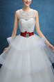 White Jewel Illusion Ball Gown Embroidery Beading Tiered Sash Ribbon Dress for Wedding