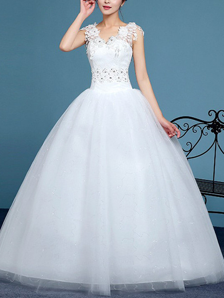 White V Neck Ball Gown Embroidery Beading Appliques Dress for Wedding