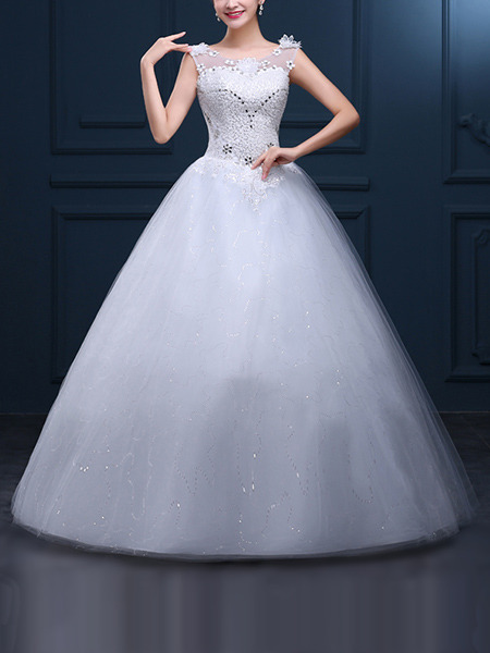 White Illusion Bateau Ball Gown Embroidery Beading Appliques Dress for Wedding