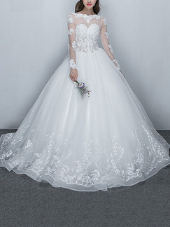 White Illusion Ball Gown Beading Embroidery Dress for Wedding