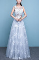 White and Blue Illusion Bateau A-Line Beading Appliques Embroidery Dress for Wedding