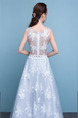 White and Blue Illusion Bateau A-Line Beading Appliques Embroidery Dress for Wedding