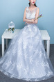 White and Blue Illusion Bateau A-Line Beading Appliques Embroidery Dress for Wedding