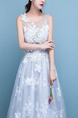 White and Blue Illusion Bateau A-Line Beading Appliques Embroidery Dress for Wedding