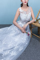 White and Blue Illusion Bateau A-Line Beading Appliques Embroidery Dress for Wedding