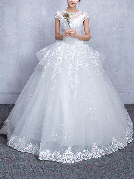 White Bateau Ball Gown Embroidery Beading Tiered Dress for Wedding