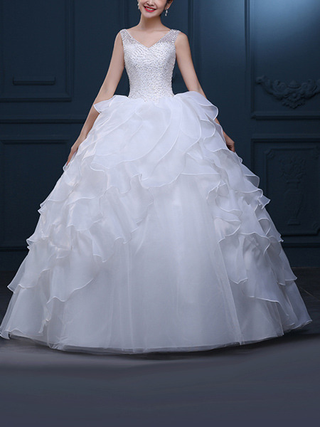 White V Neck Ball Gown Beading Ruffle Dress for Wedding