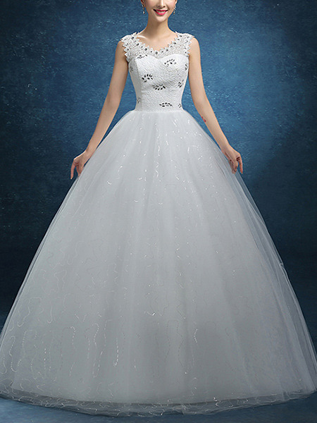 White V Neck Ball Gown Beading Embroidery Dress for Wedding