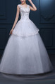 White Bateau Ball Gown Embroidery Beading Tiered Dress for Wedding